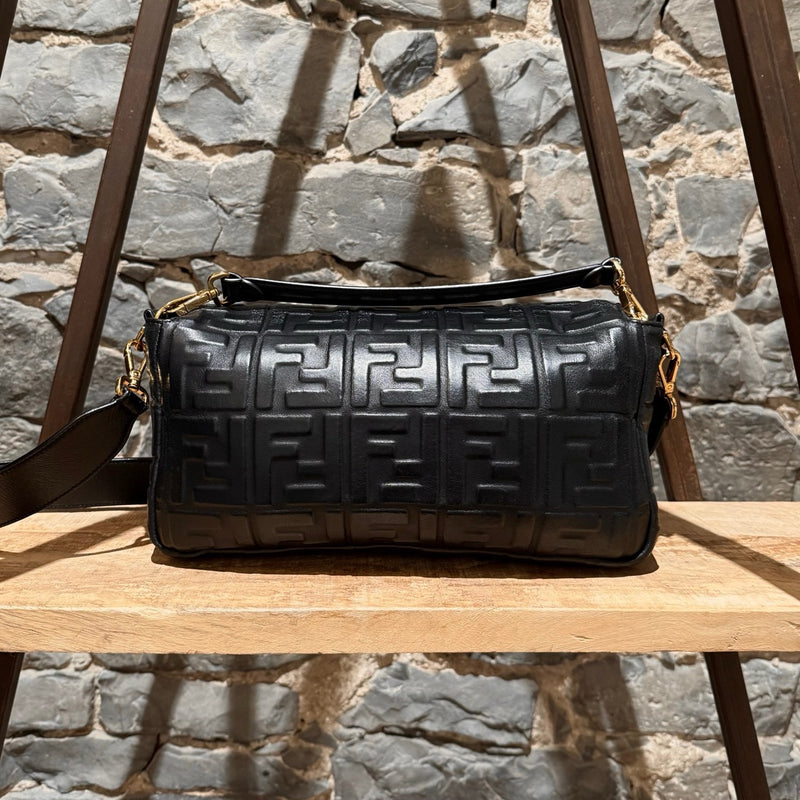 Fendi Black Leather FF Large Baguette Two Way Bag
