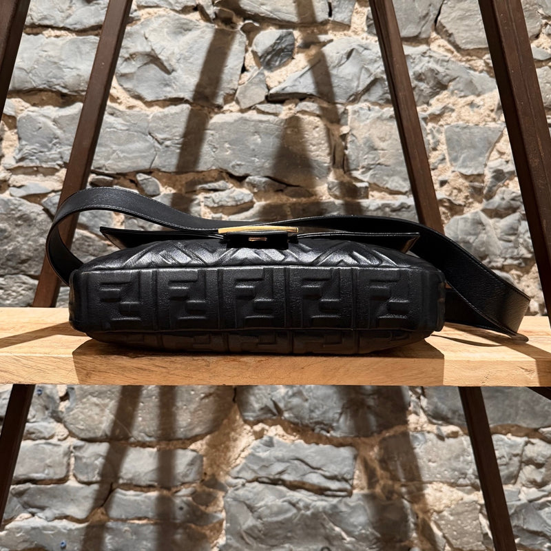Fendi Black Leather FF Large Baguette Two Way Bag