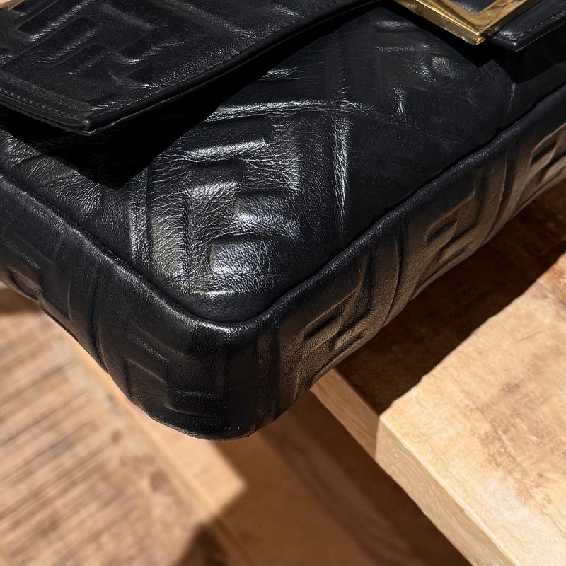 Fendi Black Leather FF Large Baguette Two Way Bag