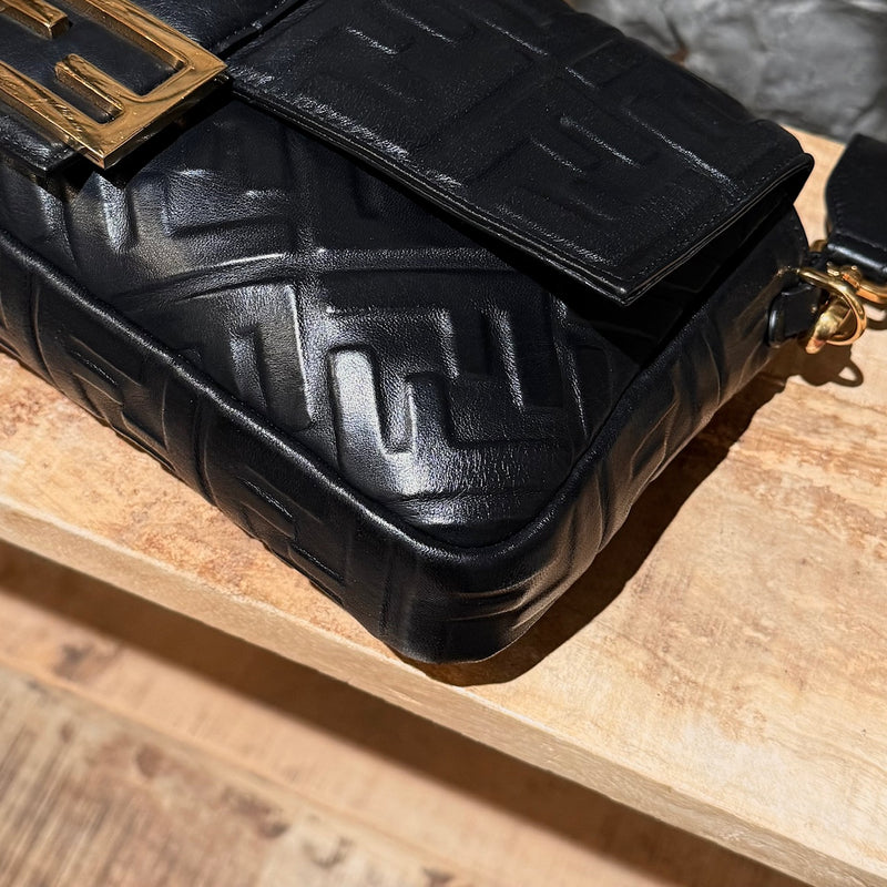 Fendi Black Leather FF Large Baguette Two Way Bag