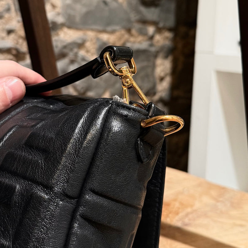 Fendi Black Leather FF Large Baguette Two Way Bag