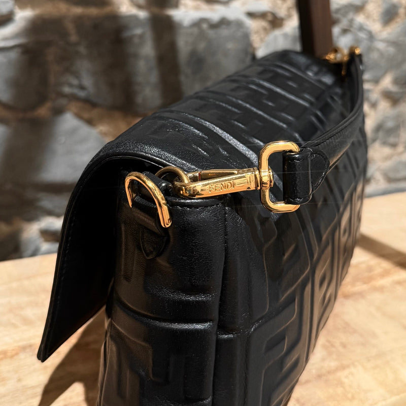 Fendi Black Leather FF Large Baguette Two Way Bag