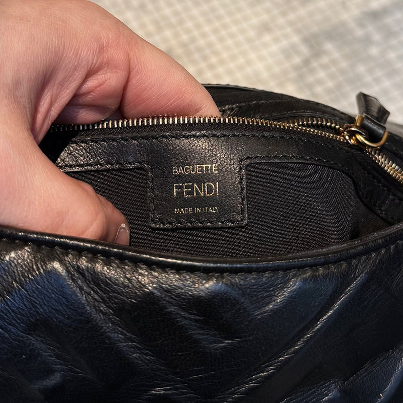 Fendi Black Leather FF Large Baguette Two Way Bag