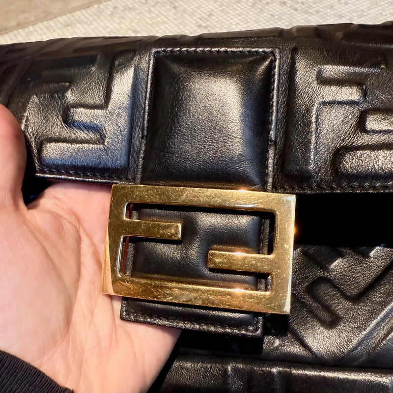 Fendi Black Leather FF Large Baguette Two Way Bag