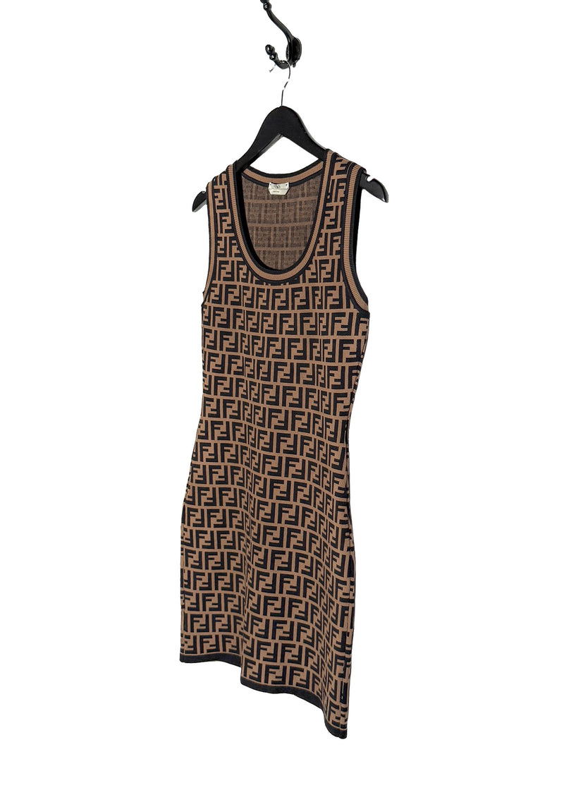 Side front view of Fendi Brown Zucca FF Pattern Sleeveless Dress