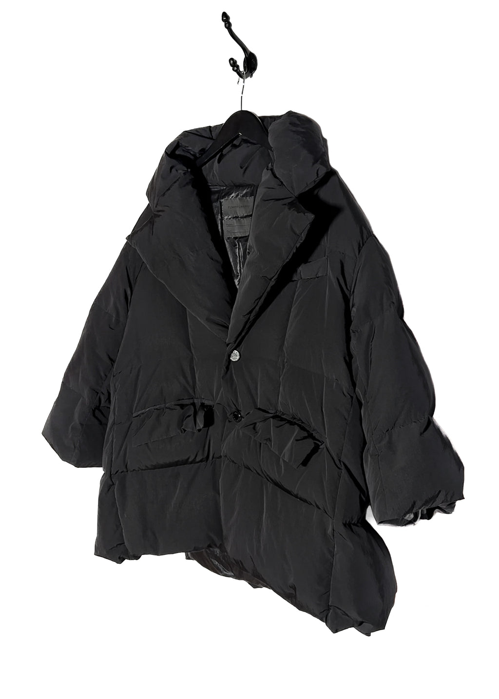 Side front of Fumito Ganryu Black Lapeled Puffer Down Jacket