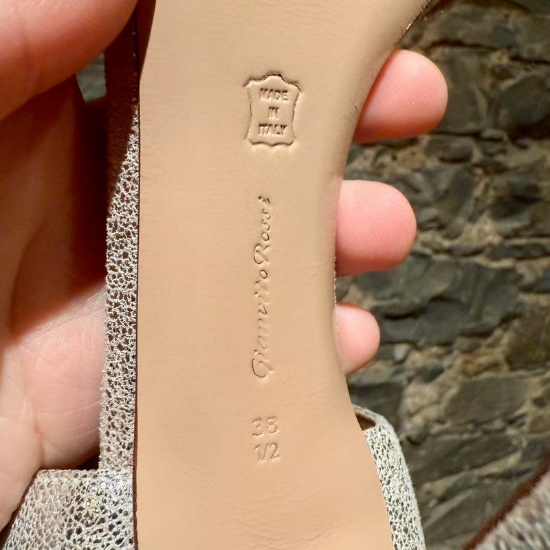 Brand, origin and size stamps on an outsole of Gianvitto Rossi Silver Metallic Ankle Strap Sandals