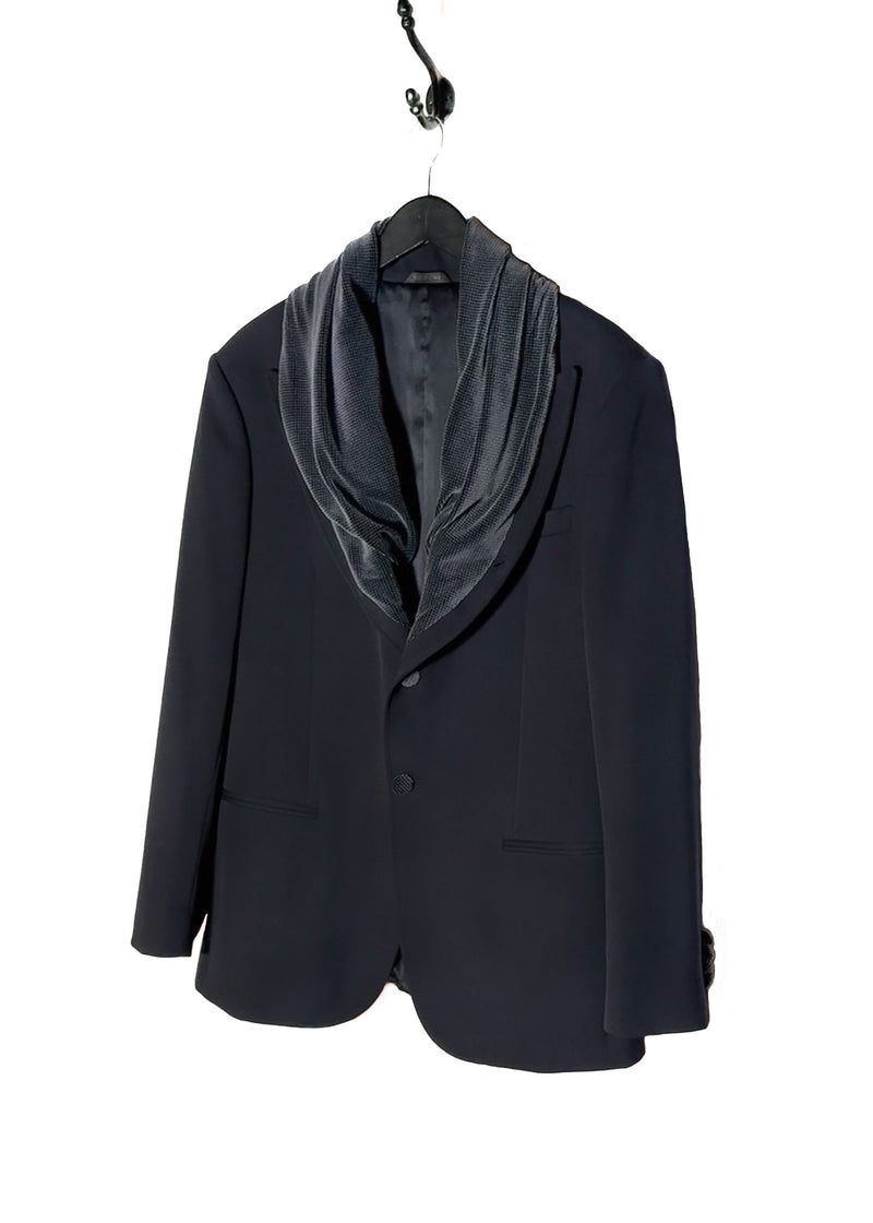 Front side of Giorgio Armani Velvet Shawl Collar Navy Blue Blazer