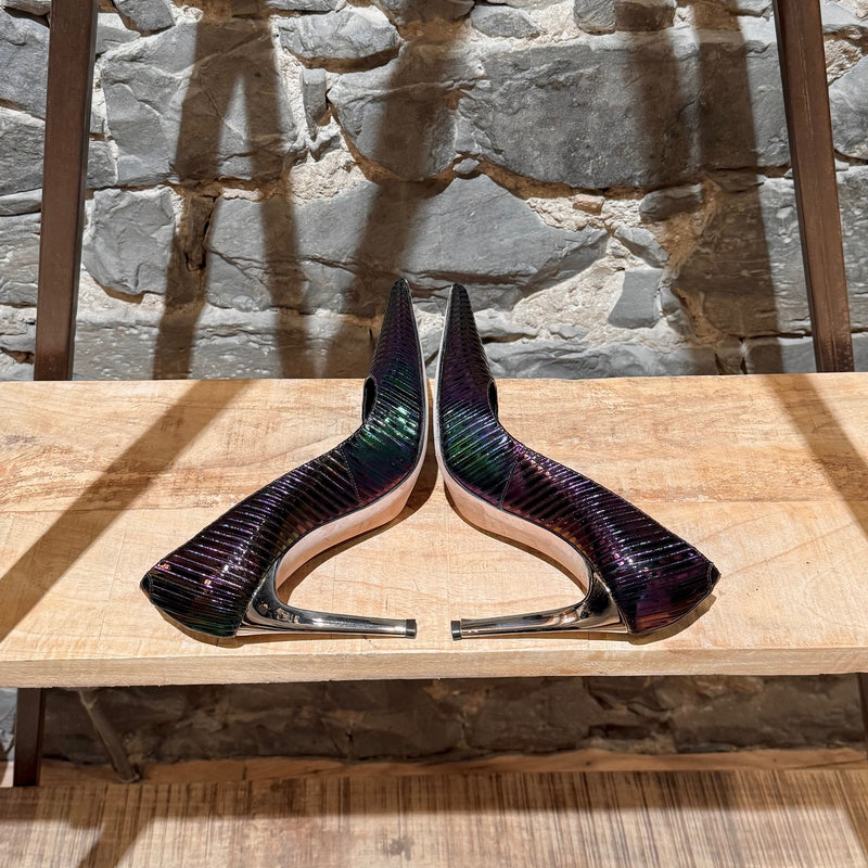 side-by-side view of Giuseppe Zanotti Iridescent Purple Killboy Patent Metal Pumps