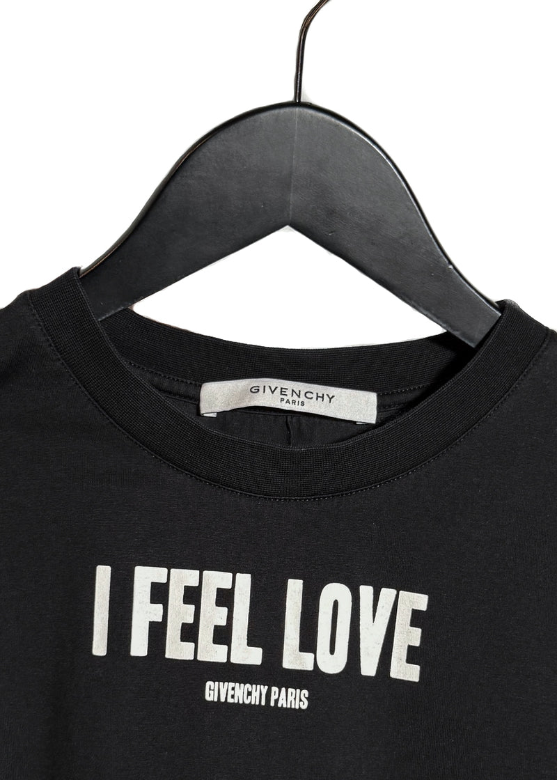 Front logo, collar and brand label of Givenchy 2016 Black "I Feel Love" T-shirt