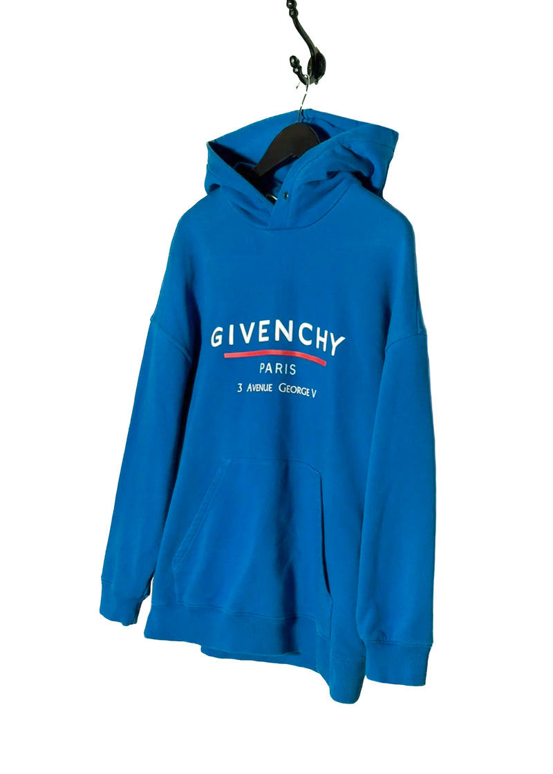 Front side of Givenchy Blue Address Logo Print Hoodie