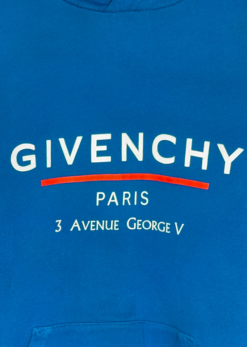 Front logo of Givenchy Blue Address Logo Print Hoodie