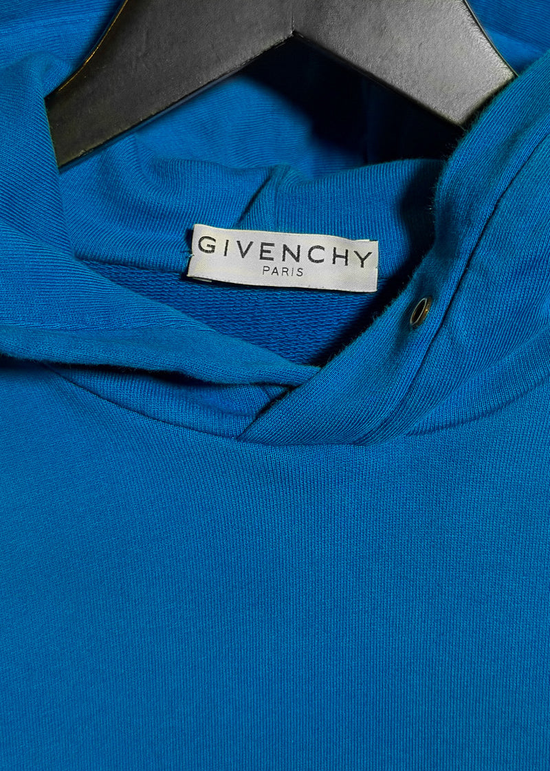 Collar and brand label of Givenchy Blue Address Logo Print Hoodie