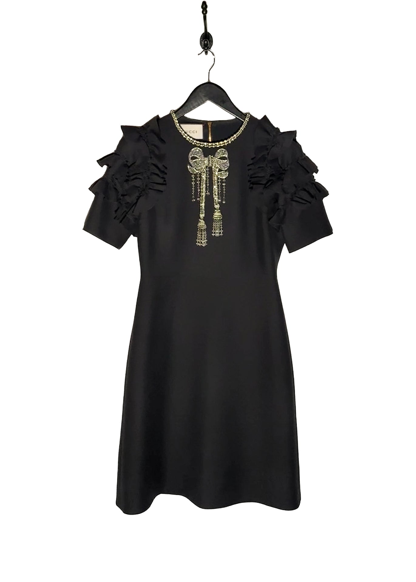 Gucci 2016 Embellished Bow Ruffled Sleeves Black Mini Dress Boutique LUC.S Gucci 2016 Embellished Bow Ruffled Sleeves Black Mini Dress Boutique LUC.S
