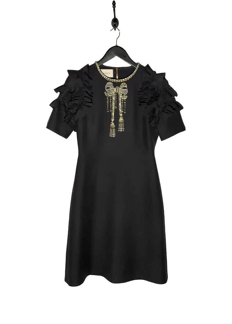 Main photo of Gucci 2016 Embellished Bow Ruffled Sleeves Black Mini Dress