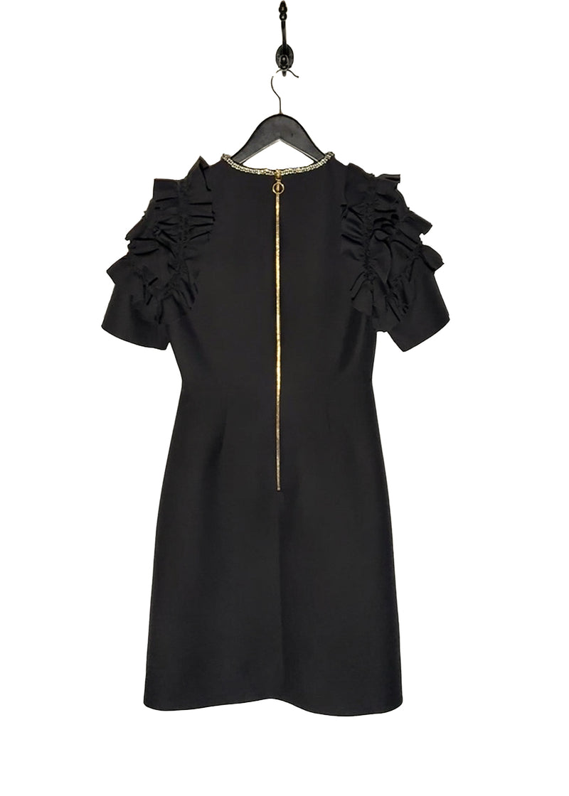 Back view of Gucci 2016 Embellished Bow Ruffled Sleeves Black Mini Dress