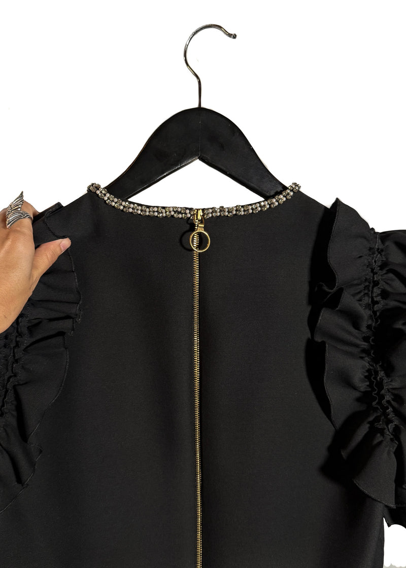 Back view of Gucci 2016 Embellished Bow Ruffled Sleeves Black Mini Dress