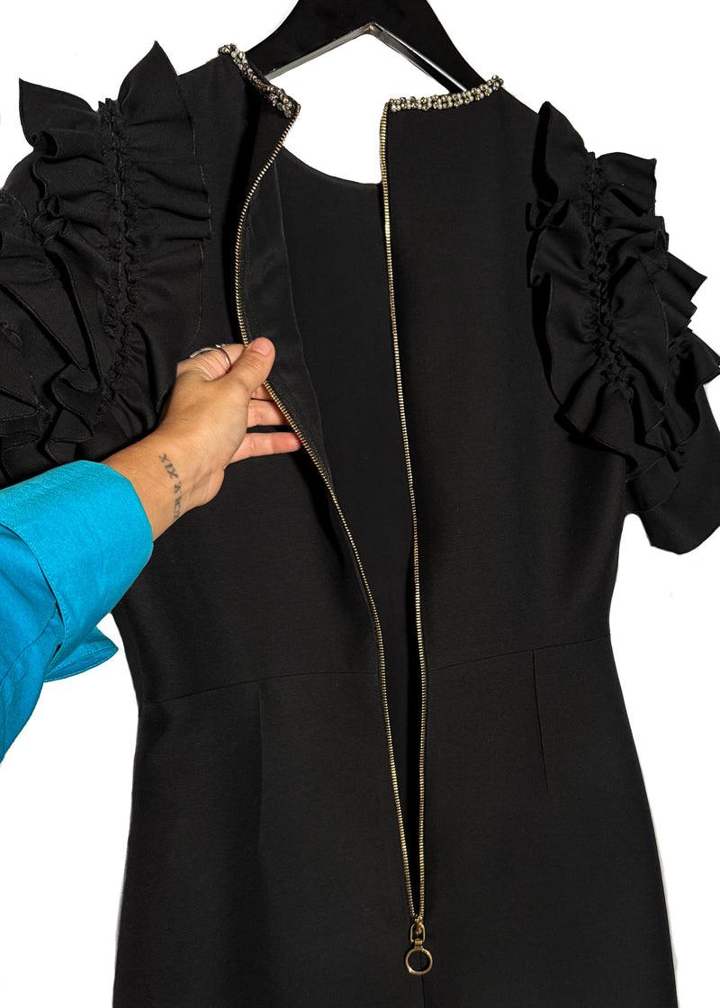 Open back view of Gucci 2016 Embellished Bow Ruffled Sleeves Black Mini Dress
