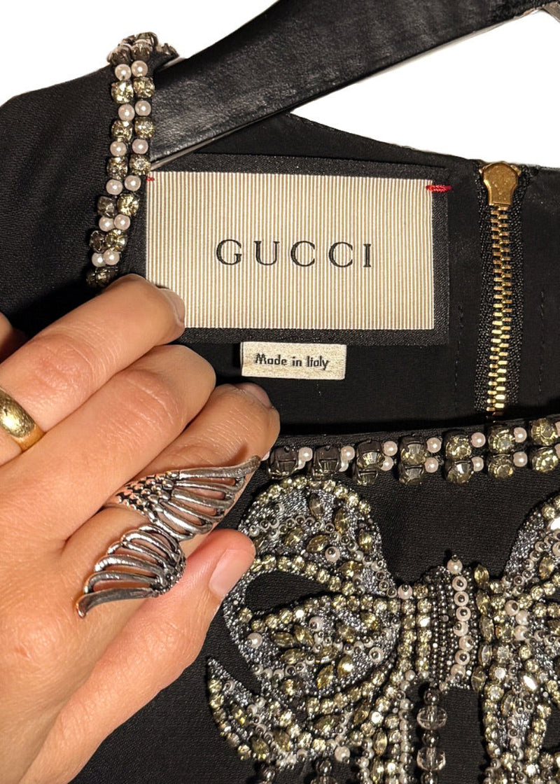 Labels of Gucci 2016 Embellished Bow Ruffled Sleeves Black Mini Dress