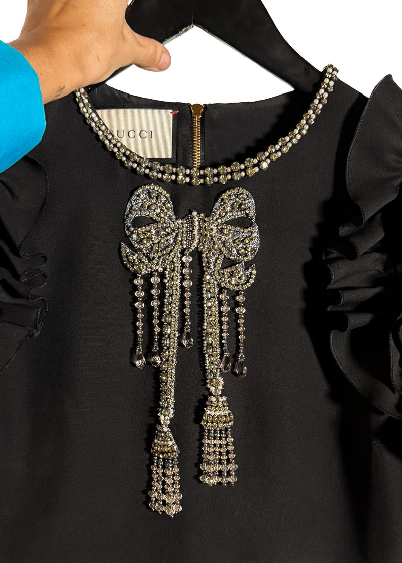 Collar area of Gucci 2016 Embellished Bow Ruffled Sleeves Black Mini Dress