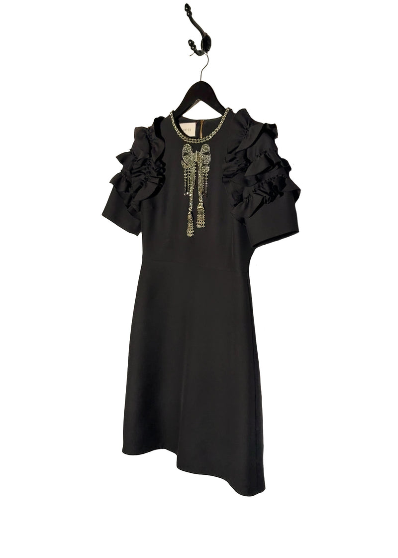 Side front view of Gucci 2016 Embellished Bow Ruffled Sleeves Black Mini Dress