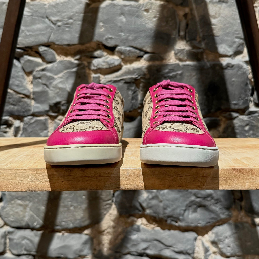 Gucci Beige GG Canvas Fuchsia Leather Brooklyn Low-top Sneakers