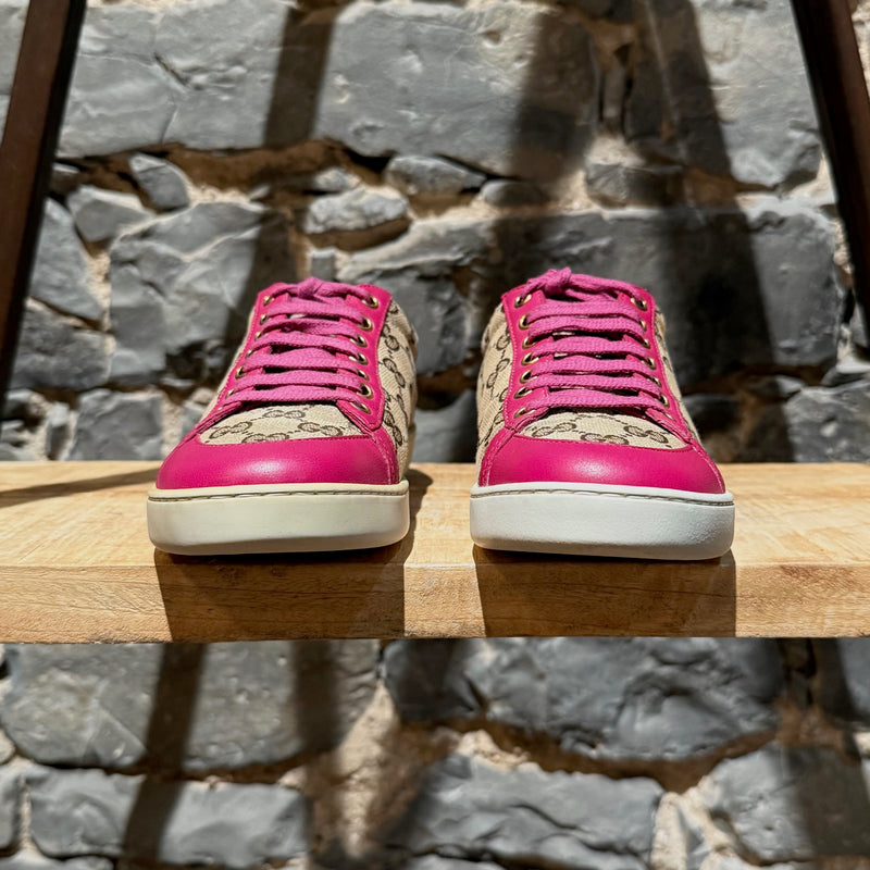 Gucci Beige GG Canvas Fuchsia Leather Brooklyn Low-top Sneakers
