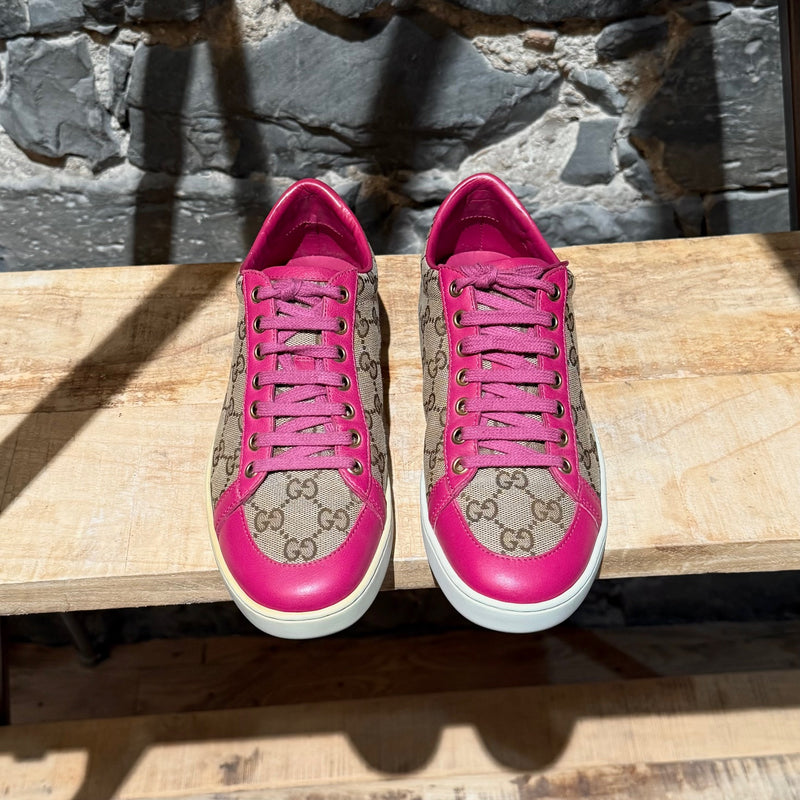 Gucci Beige GG Canvas Fuchsia Leather Brooklyn Low-top Sneakers