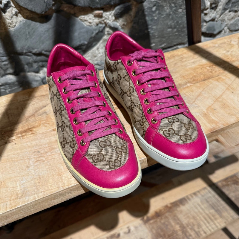 Gucci Beige GG Canvas Fuchsia Leather Brooklyn Low-top Sneakers