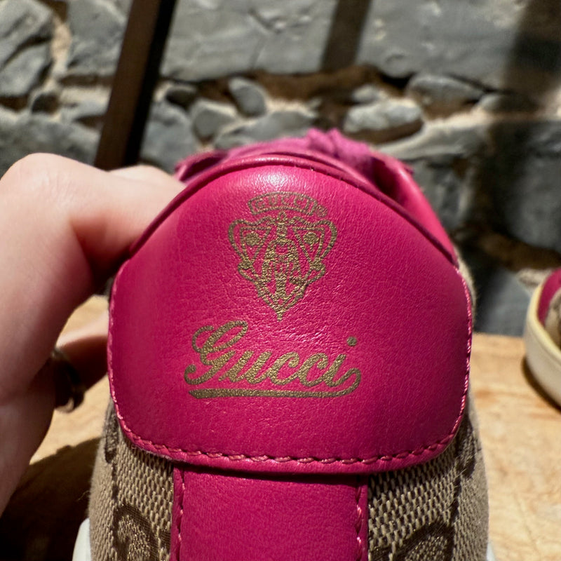 Gucci Beige GG Canvas Fuchsia Leather Brooklyn Low-top Sneakers