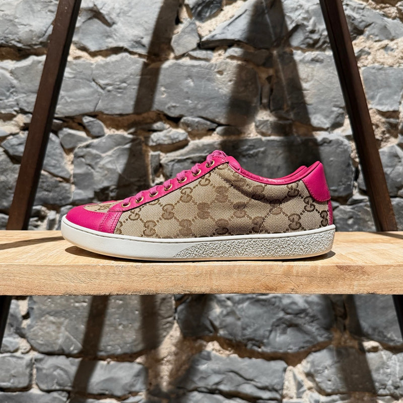 Gucci Beige GG Canvas Fuchsia Leather Brooklyn Low-top Sneakers