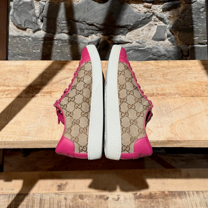 Gucci Beige GG Canvas Fuchsia Leather Brooklyn Low-top Sneakers