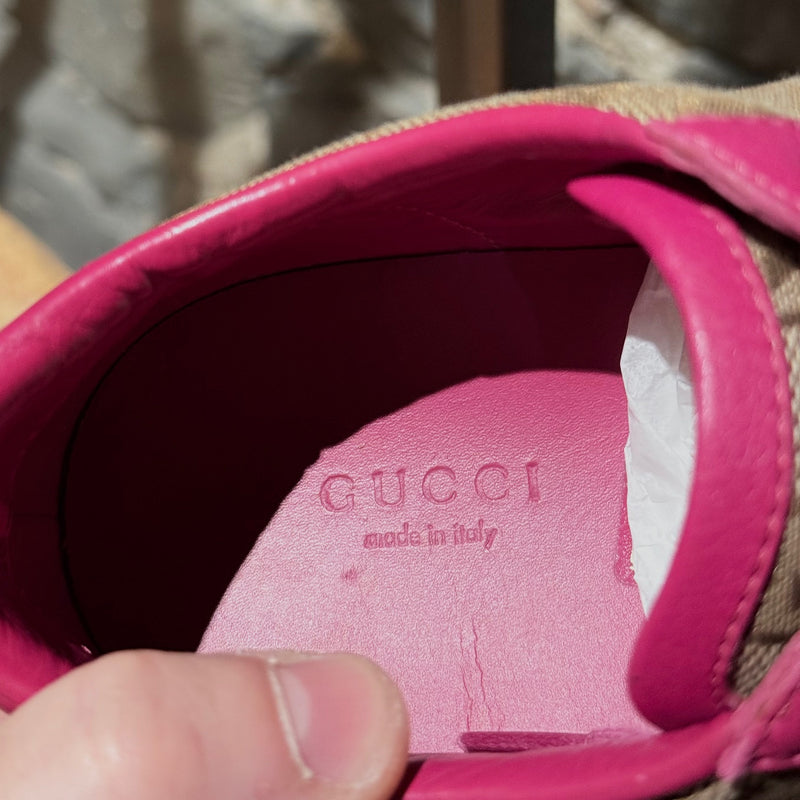 Gucci Beige GG Canvas Fuchsia Leather Brooklyn Low-top Sneakers