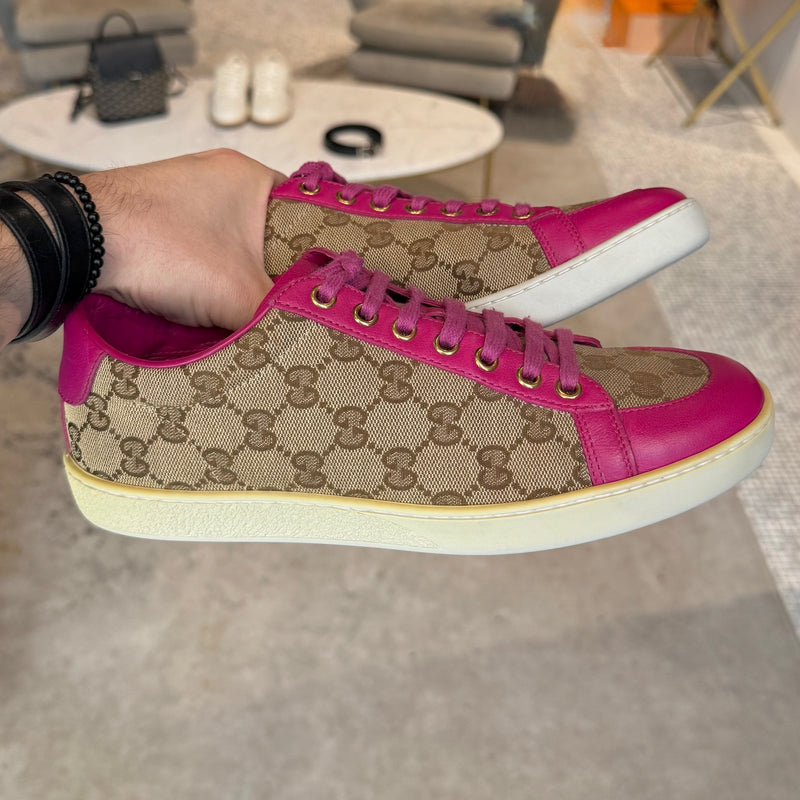 Gucci Beige GG Canvas Fuchsia Leather Brooklyn Low-top Sneakers