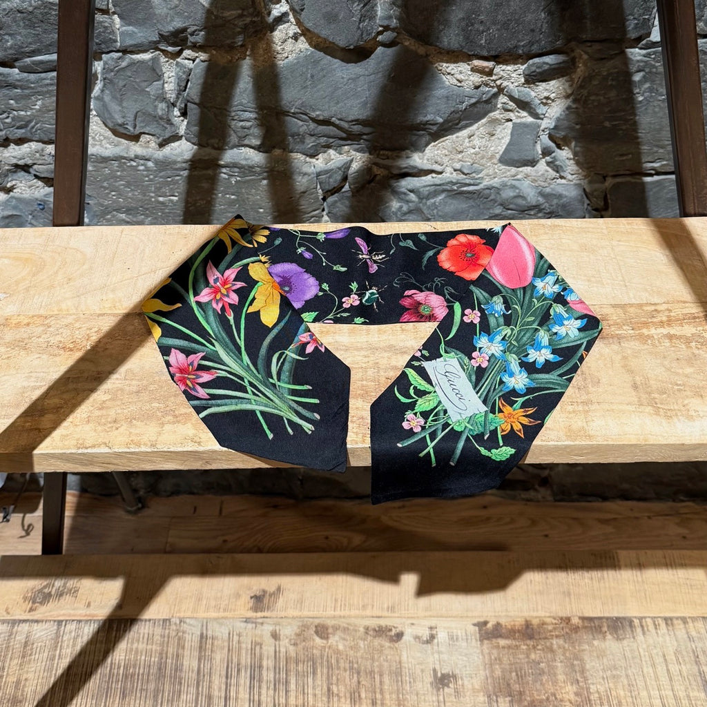 Main photo of Gucci Black Flora Print Silk Neck Bow Scarf