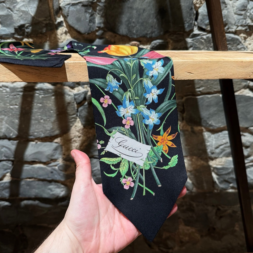 Gucci Black Flora Print Silk Neck Bow Scarf