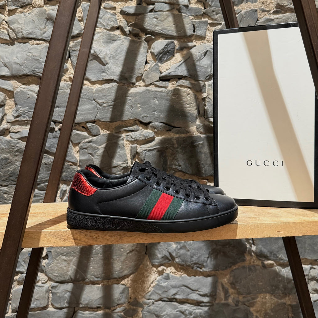 Gucci Black Leather Ace Low-top Sneakers
