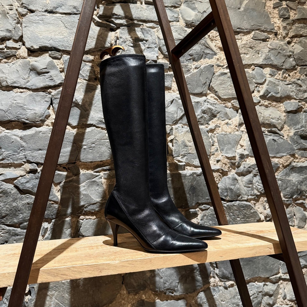 Main photo of Gucci Black Leather Heeled Pointy Knee High Boots