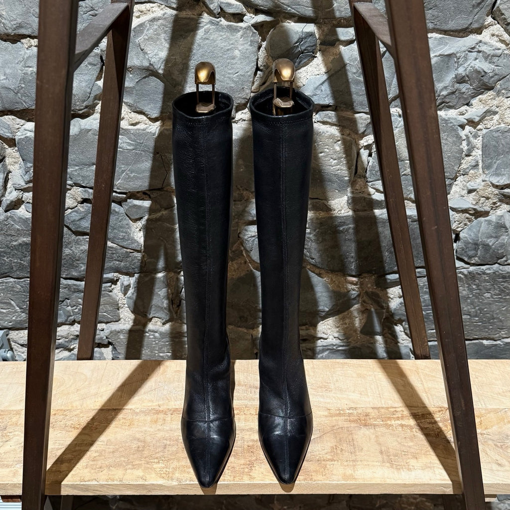 Top view of Gucci Black Leather Heeled Pointy Knee High Boots