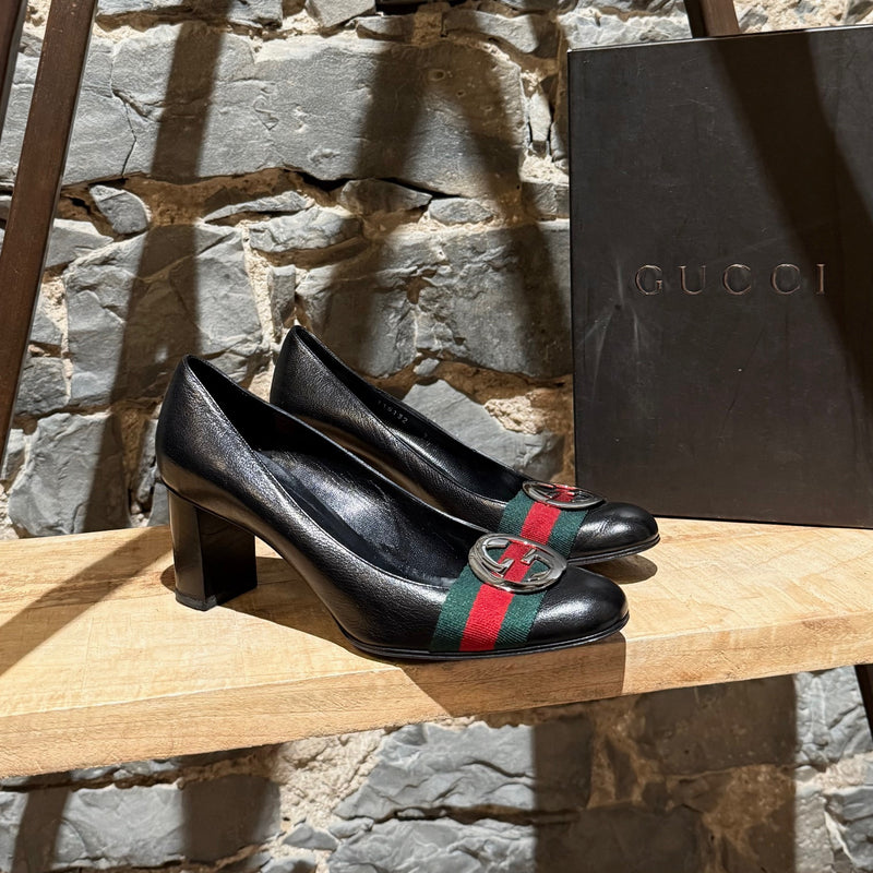 Gucci Black Leather Web Stripe Interlocking GG Pumps