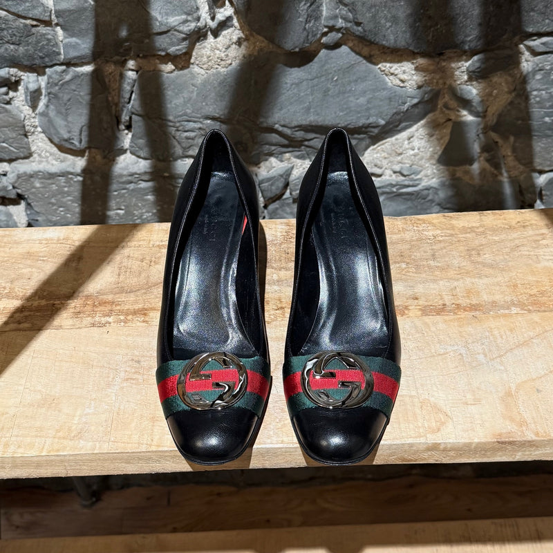 Gucci Black Leather Web Stripe Interlocking GG Pumps