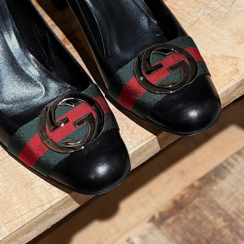 Gucci Black Leather Web Stripe Interlocking GG Pumps