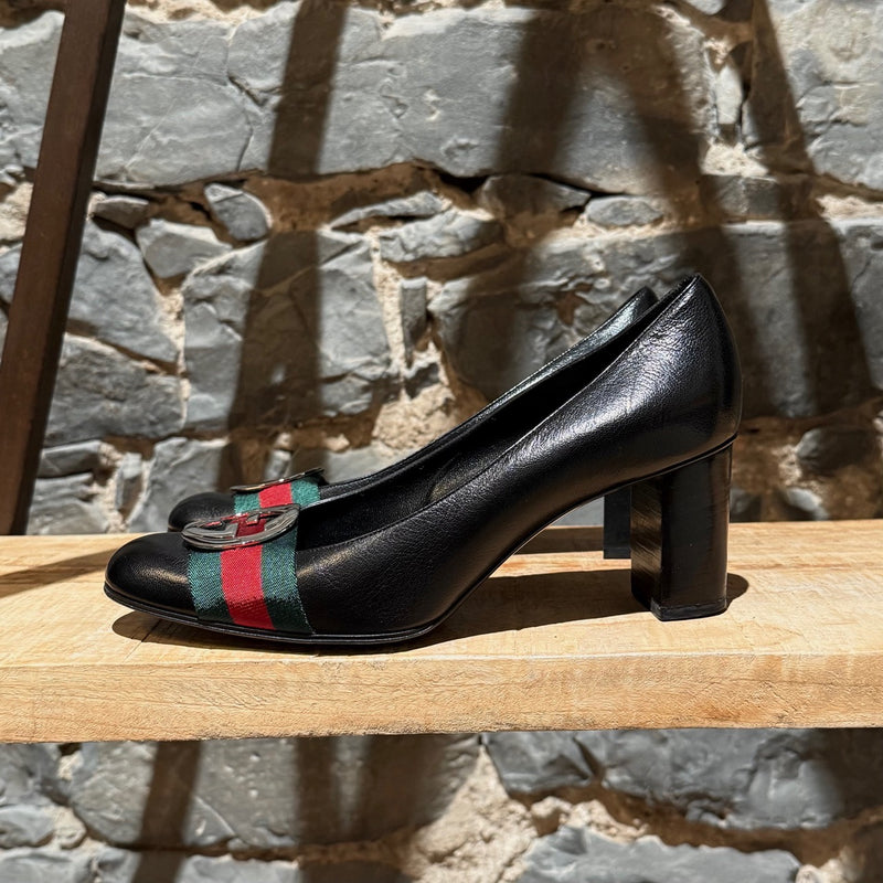 Gucci Black Leather Web Stripe Interlocking GG Pumps