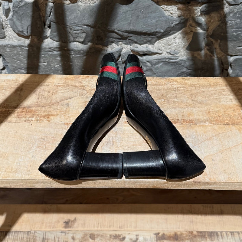 Gucci Black Leather Web Stripe Interlocking GG Pumps