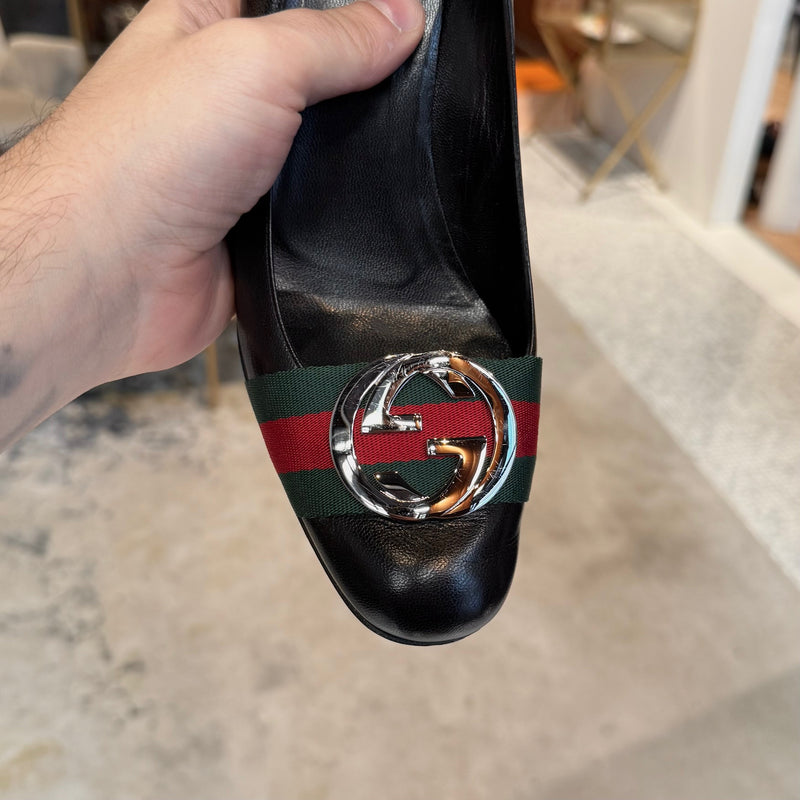 Gucci Black Leather Web Stripe Interlocking GG Pumps