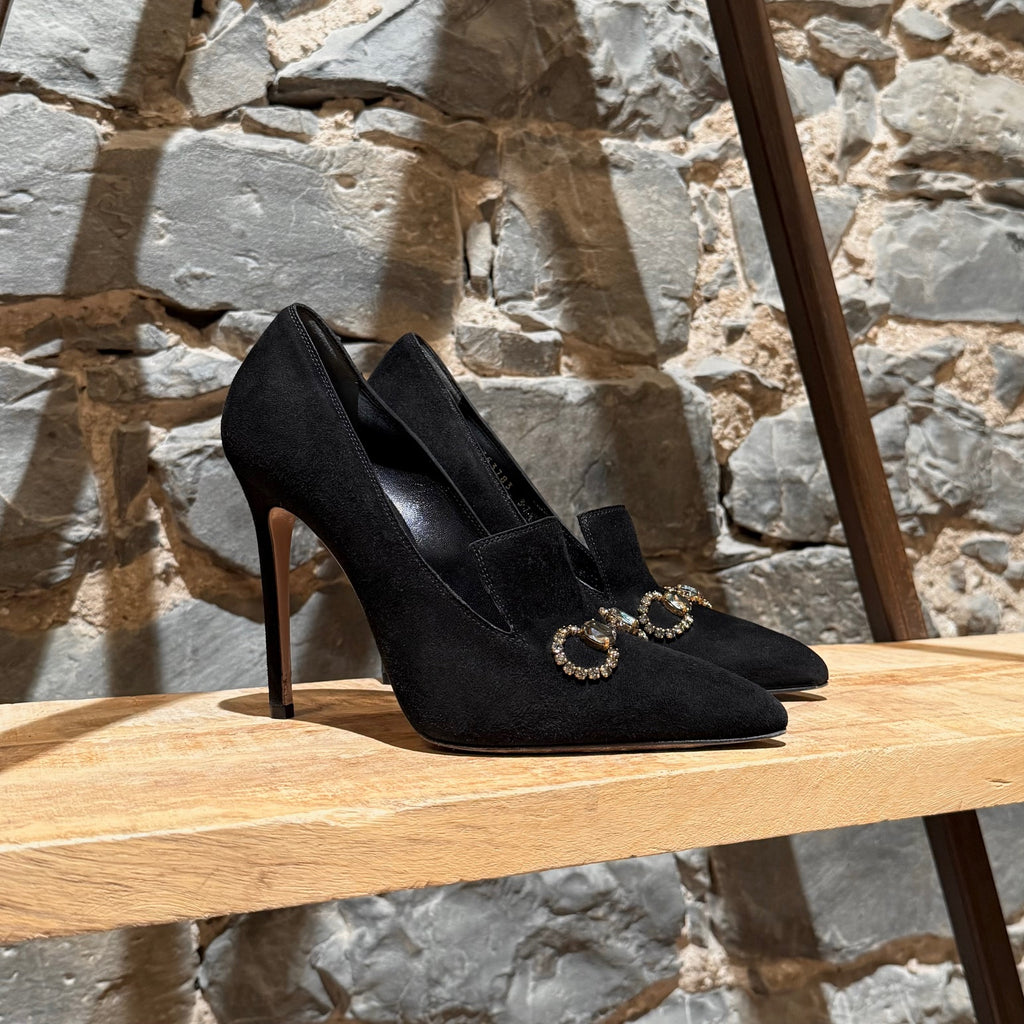 Main photo of Gucci Black Suede Crystal Horsebit Pumps