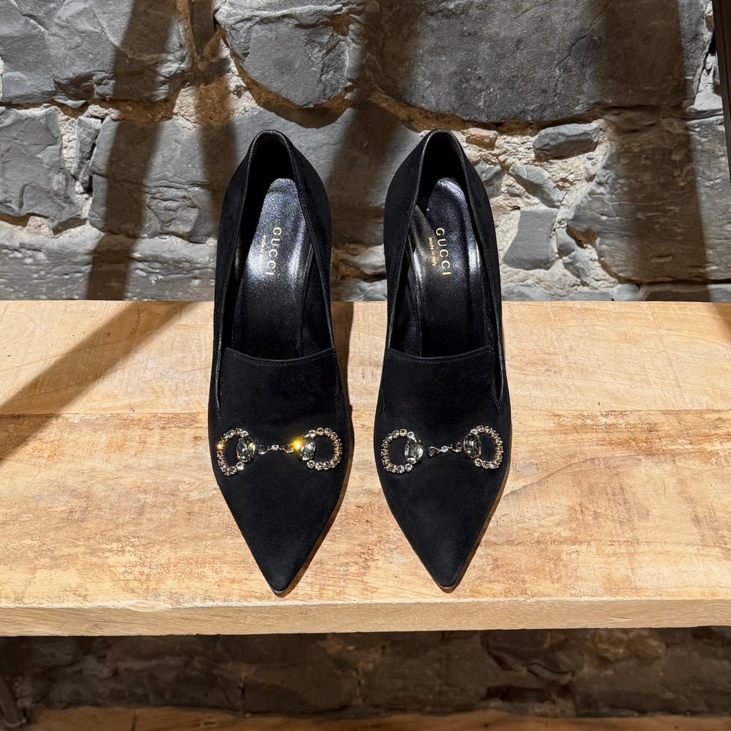 Top view of Gucci Black Suede Crystal Horsebit Pumps