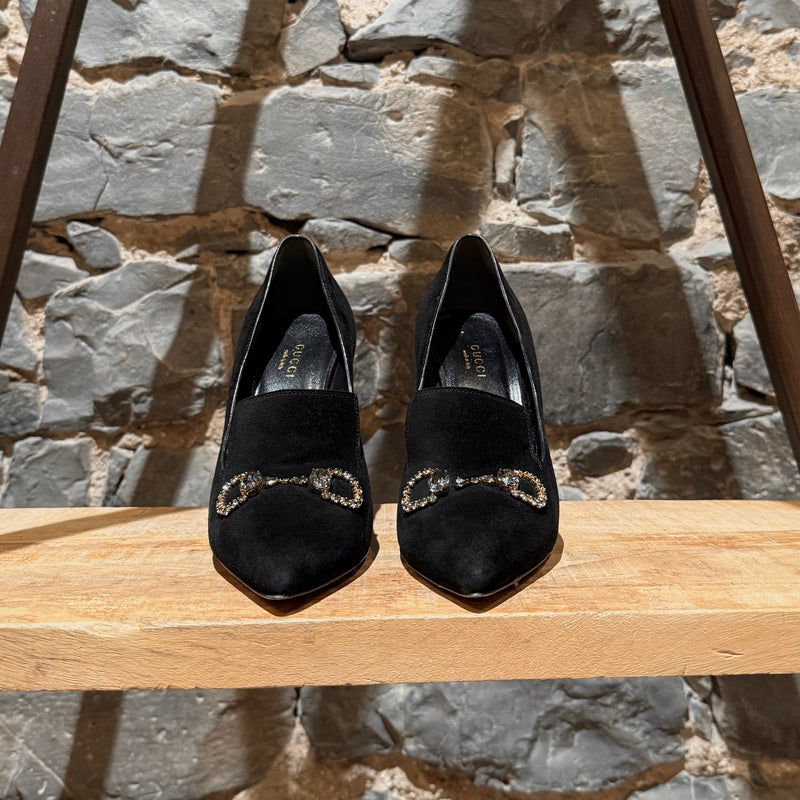 Front view of Gucci Black Suede Crystal Horsebit Pumps