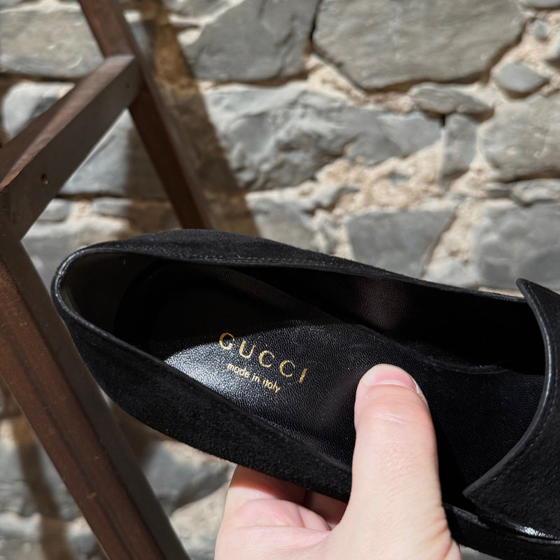 Branded insole of Gucci Black Suede Crystal Horsebit Pumps