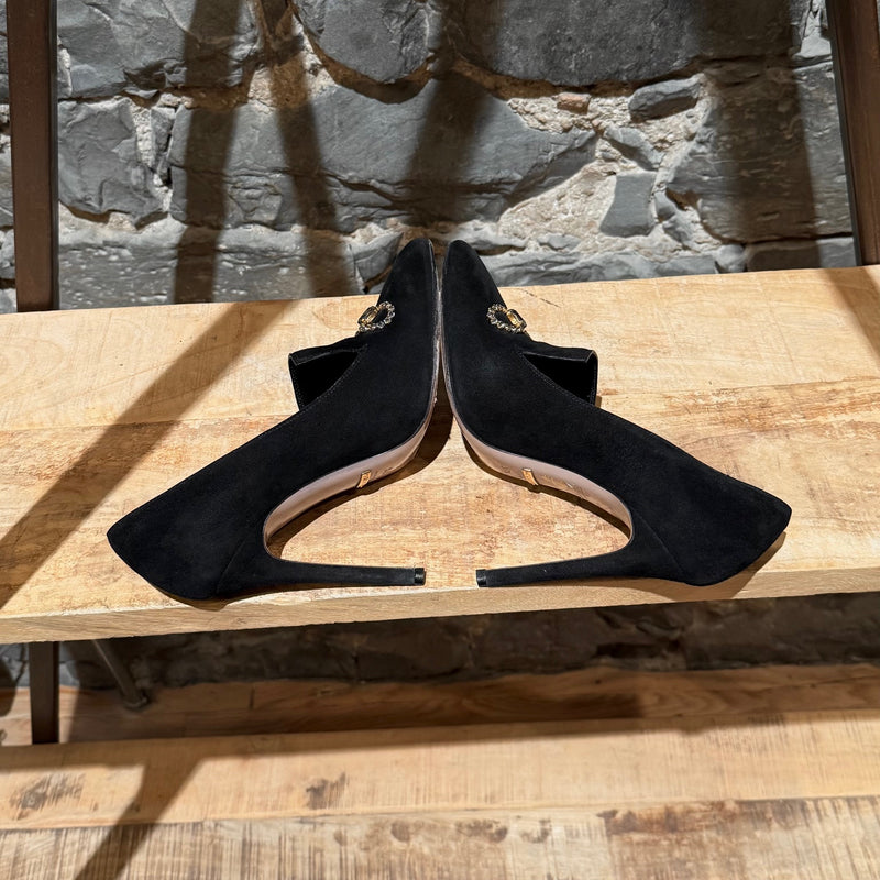 Side-by-side view of Gucci Black Suede Crystal Horsebit Pumps